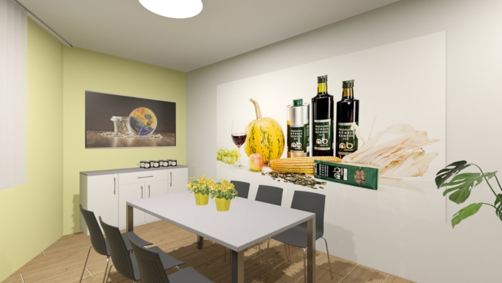 Besprechungsraum mit Tisch und Stühlen, Sideboard, Grafikbespannung