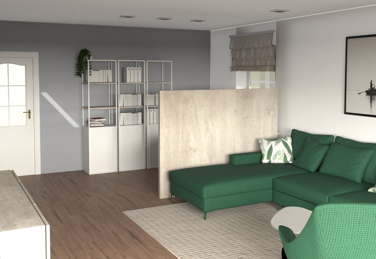 Home Office, Büroregale im Wohnzimmer, Trennwand zu grüner Couch