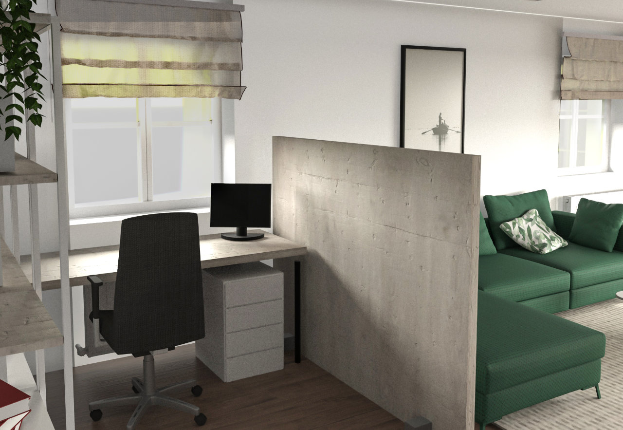 Home Office, Büroarbeitsplatz im Wohnzimmer, Trennwand zu grüner Couch